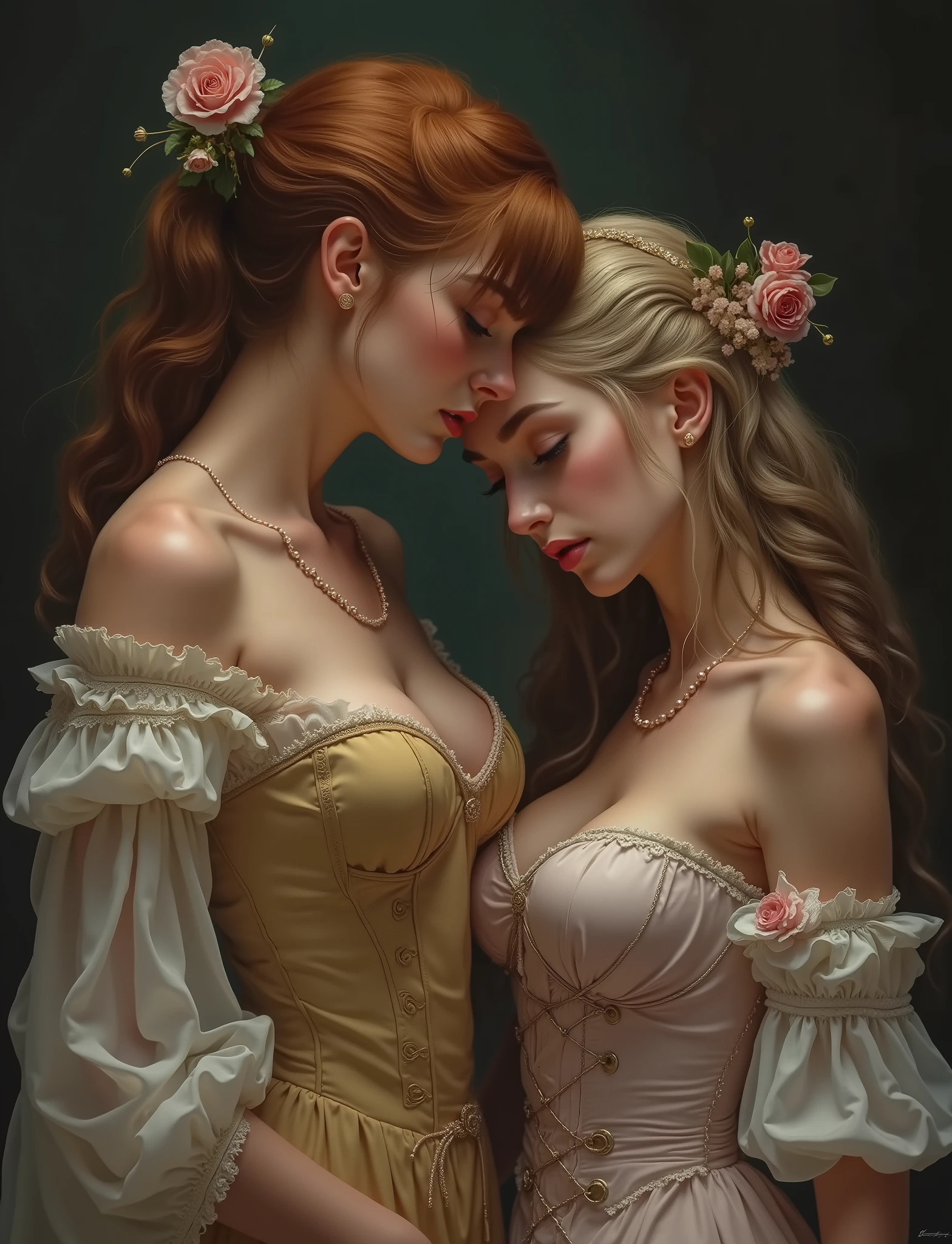 A Norman Rockwell style illustration of a profile view of reclining, kissing, pert, nubile, thin, pretty, freckled, teen girls with 50s style hair, topless, small breasts, pink nipples , puffy nipples , exposed nipples , exposed breasts, wearing pastel colored harness straps, pastel colored chest harness, with wide lace straps, schoolgirl uniforms, open breasted Renaissance dress, iridescent sparkles on chest, iridescent glitter on breasts, white cuffs, lace neckpiece, white collar, hip straps, iridescent sparkles on breasts, reclining on a couch