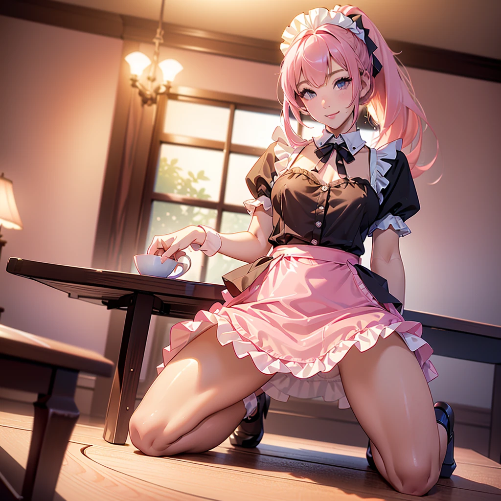 ( Showing off his muscles), Fisheye Lens, Beautiful 2, Curvy,  flat chest, Small breasts， underbust, ( Kneeling on a Round Table ), ( on the table :1.5), ( and spread your legs), ( Cups Between Her Legs :1.3), (  Classic Puffy Short Sleeve Ruffle Blouse ), (Pink Mini Skirt), (Pink Maid Apron ), (button-down shirt), ( Neck Ribbon Button Gap )+ Thighs, High heels, ( viewers:1.5), (Embarrassing:1.3), (smile), (vapor:1.3), ( Girl Shivering at Sexual Climax :1.3), mid-length hair,  Pink Hair,   high ponytail , Wavy Hair,   Glowing Skin , (Coffee Shop), window, morning, (crowd:1.3), (masterpiece, Best Quality,  High Resolution :1.3),  Perfect Anatomy