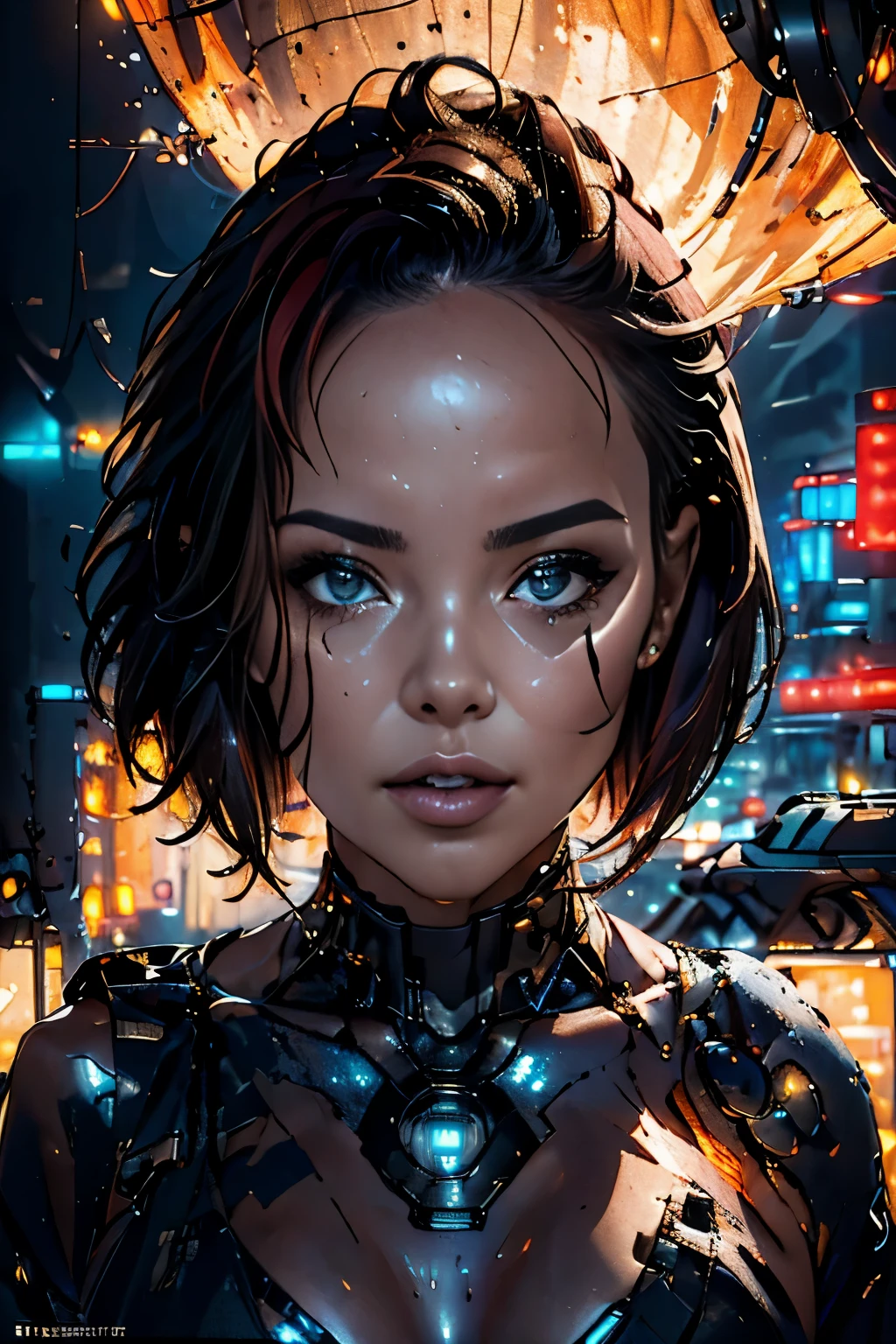 (Masterpiece, highest quality, Best Quality, Beautiful and aesthetic:1.2), full body, Ghost in the Shell and Tron Legacy inspired cyborg woman, elegant and futuristic, (short red hair:1.4), (her body is colorful:1.3), cyberpunk style, sitting with open legs, seductive pose, glowing neon lights reflecting off her metallic skin, dynamic lighting, hyper-realistic, NSFW, anatomically correct, (detailed face and body:1.5), looking at viewer