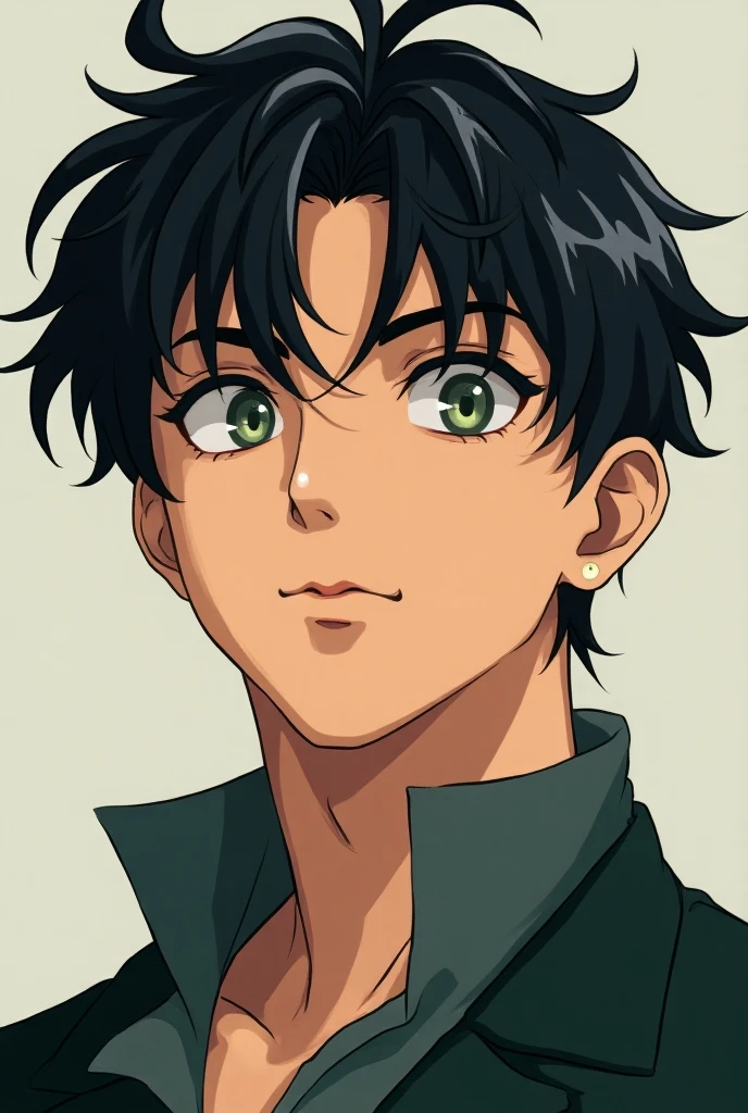 A white man with olive green eyes and black hair anime style