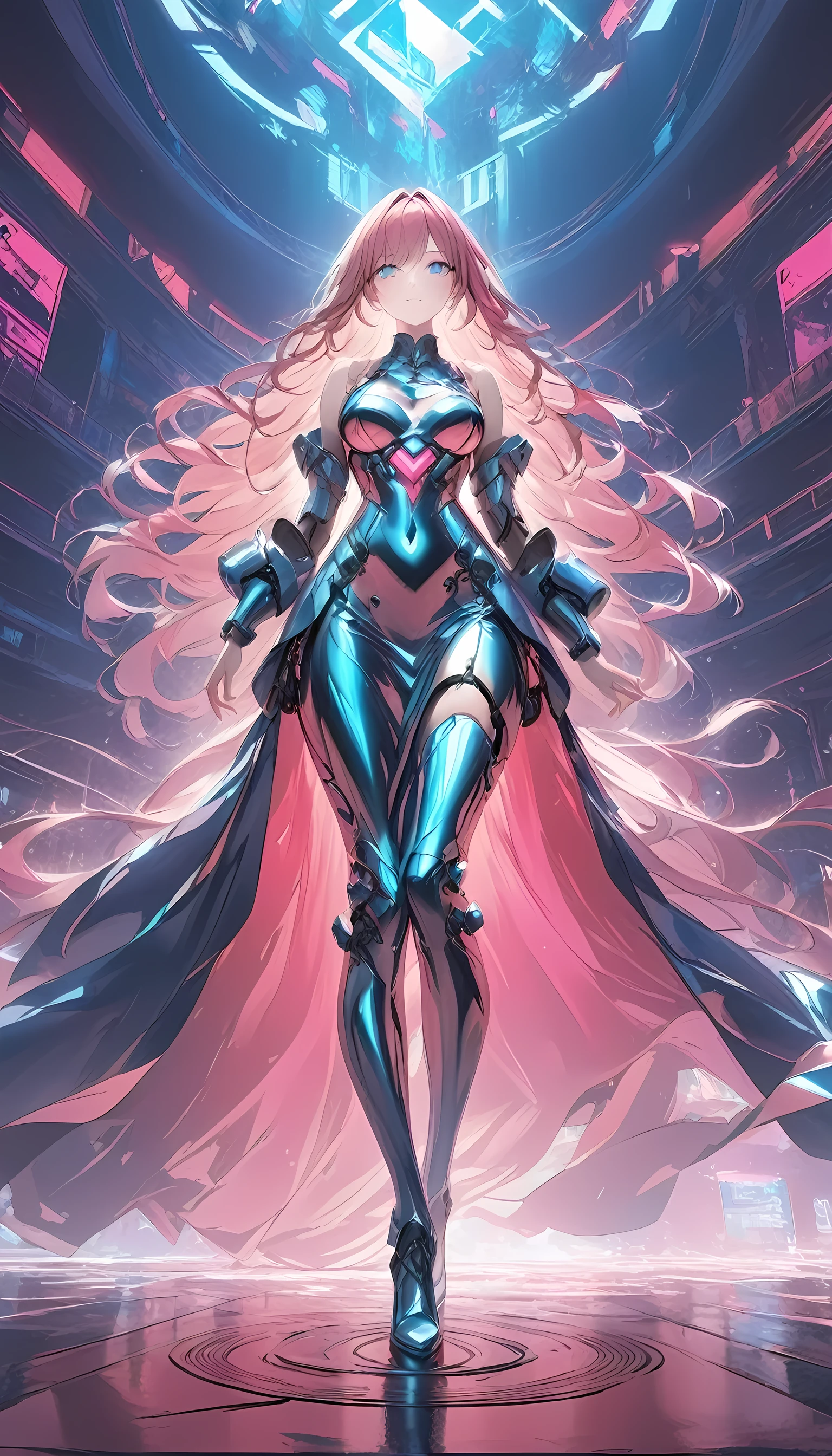 there is a beautiful mech model wearing intricate liquid metal dress, in a cyberpunk fashion catwalk, ultra detailed face, full body shot, long hair, wavy hair, dynamic eye color, wearing red liquid metal dress, wearing high heel boots, fantasy art, 16K, (dynamic angle: 1.2), full body, silhouette, cyberpunk fashion show background, Ultra-Wide Angle, retina, UHD, best quality, 16k, highres, high details, NRART, Glowing Runes, metallic