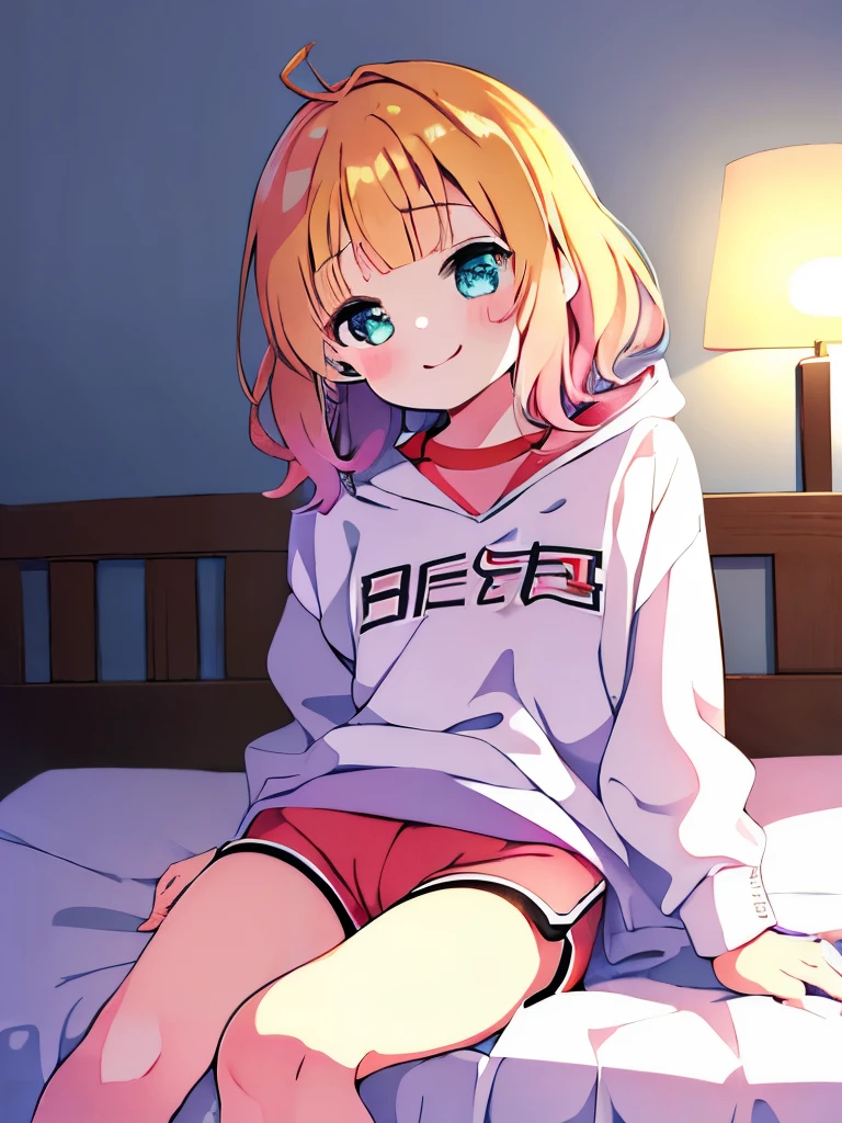 ((masterpiece)), ((best quality)), (ultra-detailed), anime style, on the bed, a cute girl, 1girl, solo, gym shorts00, ((beautiful eyes))0, smile
