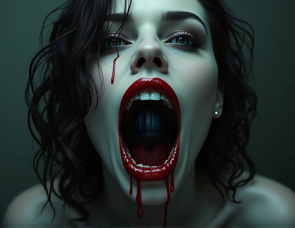 decapitated female head on a plate, covered in flesh, , ((eyes closed)), served like a food dish, bloody, photorealistic, 4K, Nikon, horror, ahegao face, 