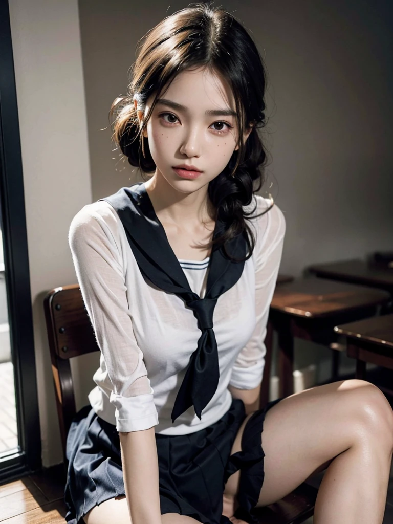absurdres, RAW photo, extremely delicate and beautiful, masterpiece, Best Quality, ultra high resolution, 32k, hyperrealistic, ultra-detailed, perfect anatomy, super Detailed skin, perfect figure, Super Beauty, Perfect Style, Perfect balance, Beautiful Lighting, Perfect Lightning, Realistic Shadows, 20 years old, very Slim body, narrow waist, very small head, very small face, delicate facial features, handsome detailed woman, very detailed eyes and face, realistic face proportions, Realistic beautiful face, Realistic beautiful eyes, tearful mole, earring, very huge round breasts, legs, medium hair, full body shot, indoor, ((school_uniform)),