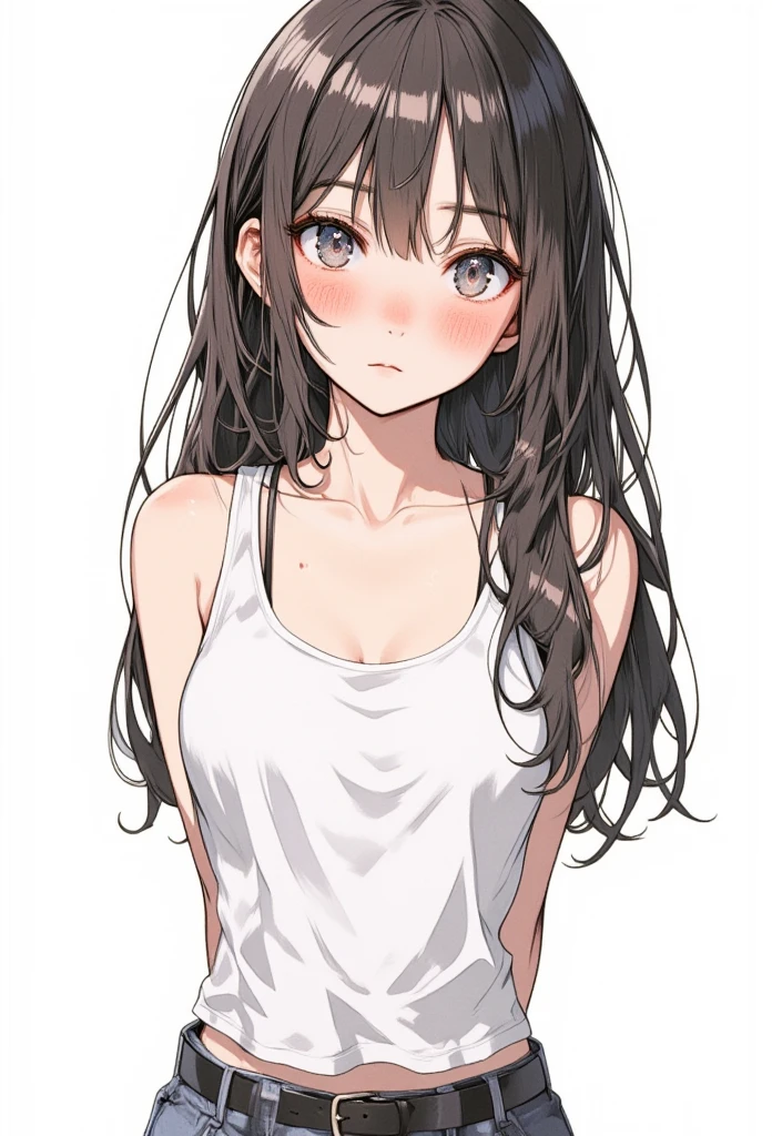 {high definition image}, asian high school girl, long hair, pointed nose, thin lips, busty, freckles on the face, tank top, short shorts, looking at the viewer with a neutral expression, {centered image}, {close up on face}, {just face and chest photo}, Manga lineart, mouth open, heavy blushing, arms behind back, 