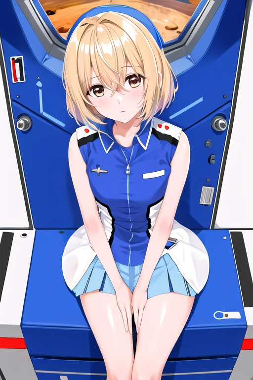 masterpiece,  best quality,  High Resolution , Figure 1,  1 girl, Thigh length,  short hair, Messy Hair, uniform, skirt,  cowboy shot, Sitting, Spaceship, window, Space,  Reach Out ,