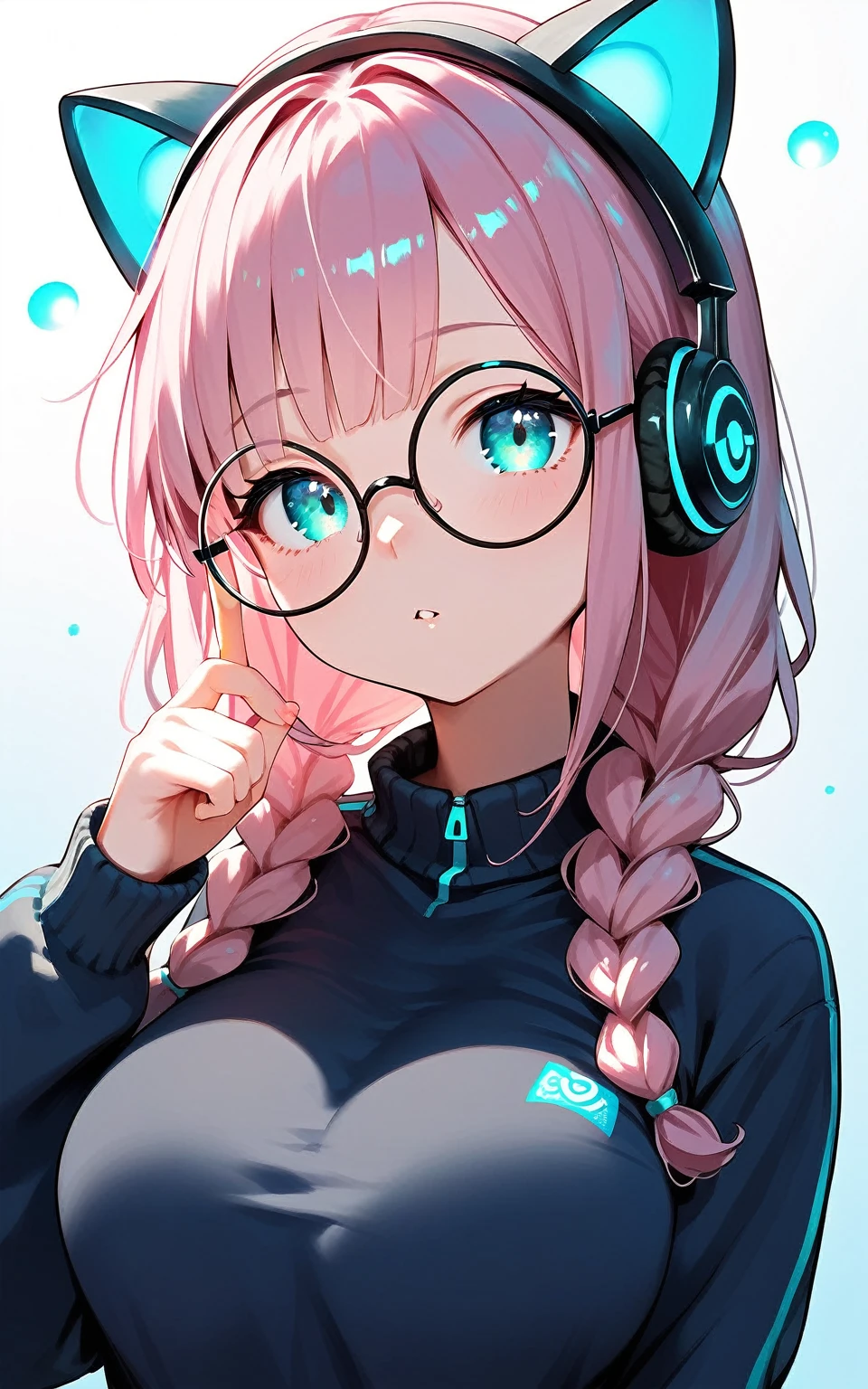 (best quality:1.2), (ultra-detailed:1.2), (2.5D:1.2), (Anime Moe Art Style), 1girl , pink hair, Cyan eyes, gradient eyes, twin braids, blue Glowing cat ear headphones, black round glasses, large breasts,