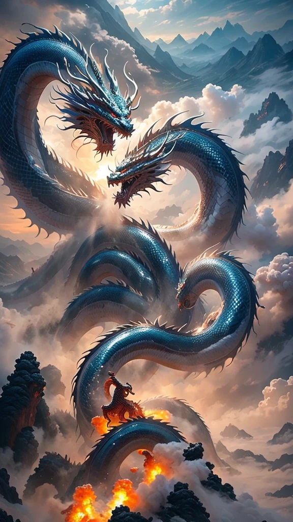  Chinese Dragon 、 The Steep Battle of Mount Kunlun 、Dragon God、 Long Like a Snake、Fire Dragon and Water Dragon 、Tang Long 、 In a Sea of Clouds 、 Fantastic and Spiritual、 Fantasy Art 、Impressive picture 、 Dynamic Composition 、 vivid effects、 realistic pictures