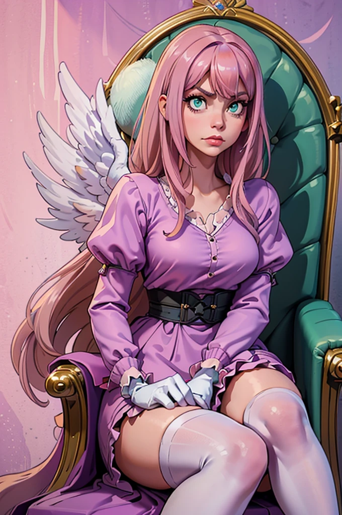 (mejor calidad, Obra maestra), mirando abajo, viento, Partícula, parte superior del cuerpo, 1 girl, ((angel wings)), ((pink skin)), red lips, medium hair, (((loose hair))), (((very lilac hair))), ((lilac hair)), ((green eyes)), big breast, (((very lilac clothes))), (white gloves), ((lilac bouffant dress)), ((white stockings)), frowning, ((insane face angry)), fringe hair, (smiling), hair bangs, ((sitting in a throne)), white panties