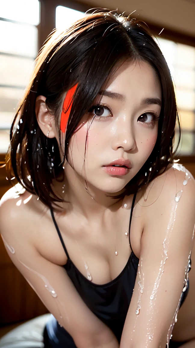 Highest quality, masterpiece, Ultra-high resolution, (Realistic:1.4), RAW Photos, One girl, Black Hair, Glowing Skin, Wet body, Dramatic lighting, whole body, Female dog, Micro Bikini, Huge breasts