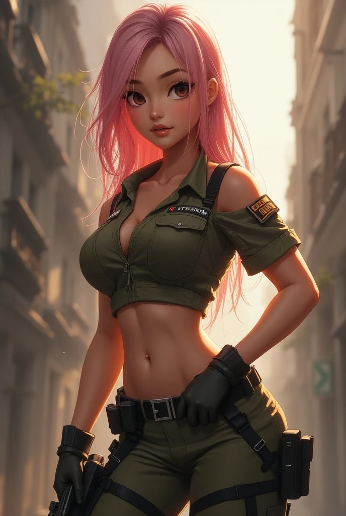 (high resolution, 8k, photorealistic, hyper detailed, masterpiece, exquisite, vivid colors, perfect composition, intricate details,Best Quality, 8K, Masterpiece: 1.2, Photorealistic: 1.37, HDR, UHD),a cute tough girl with pink hair and cute green eyes in an erotic camouflage soldier costume with miniskirt, EXTREMELY HUGE BREASTS, photorealistic, wide neckline, image of a full-body woman. Anime Image, Anime Drawing, Intricate Tattoos, Star Wars, War