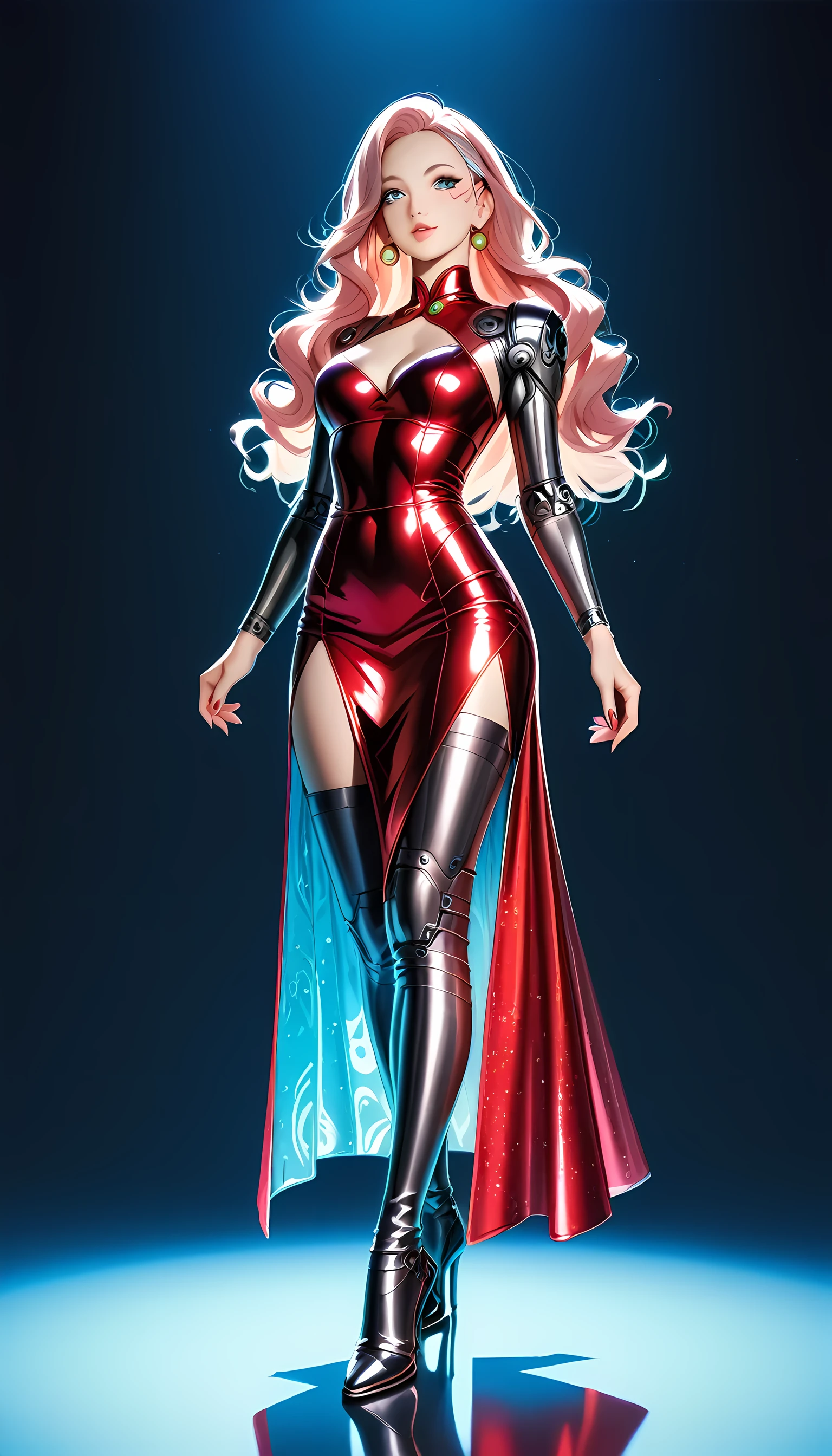 there is a beautiful mech model wearing intricate liquid metal dress, in a cyberpunk fashion catwalk, ultra detailed face, full body shot, long hair, wavy hair, dynamic eye color, wearing red liquid metal dress, wearing high heel boots, fantasy art, 16K, (dynamic angle: 1.2), full body, silhouette, cyberpunk fashion show background, Ultra-Wide Angle, retina, UHD, best quality, 16k, highres, high details, NRART, Glowing Runes, metallic
