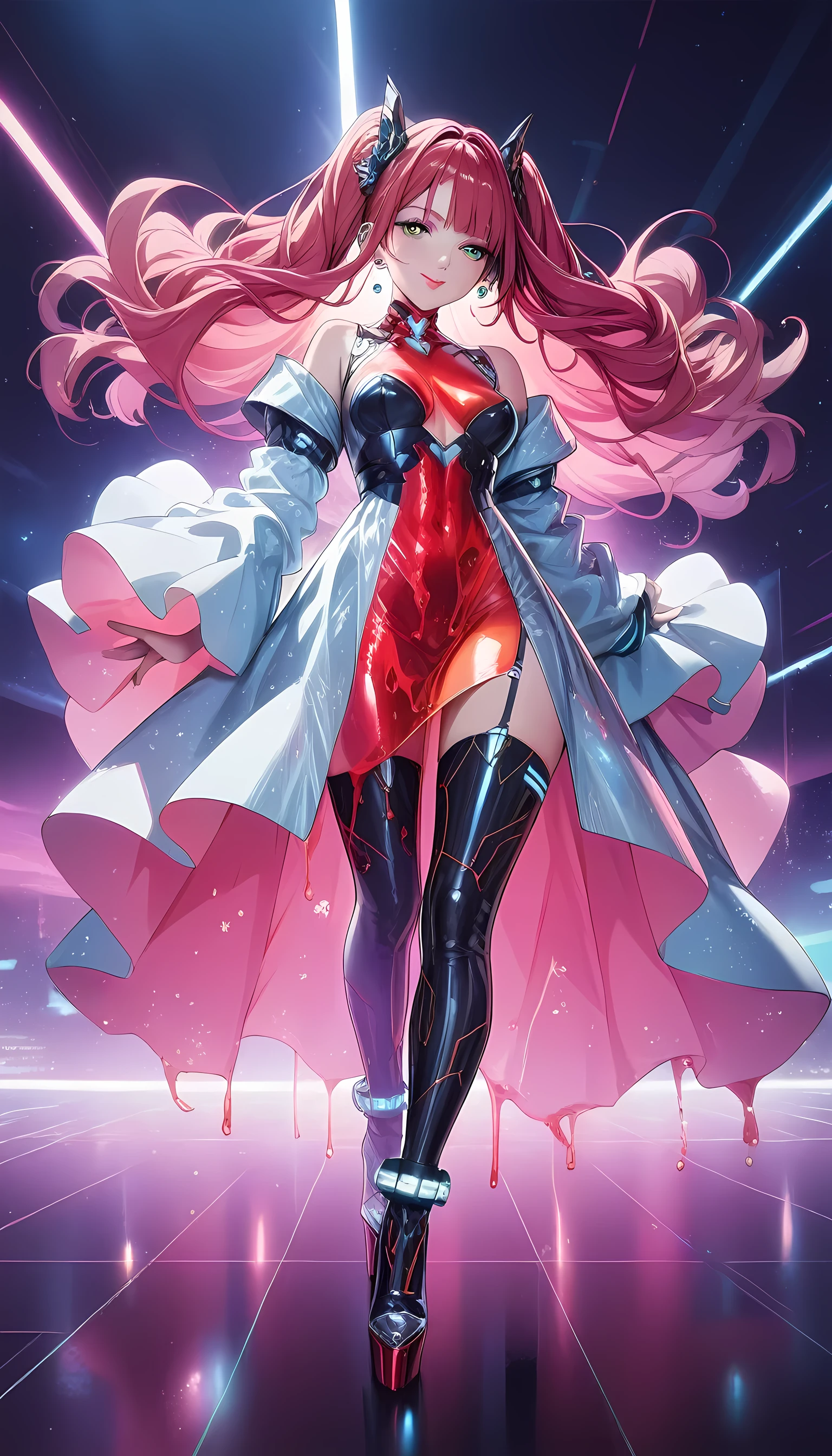 there is a beautiful mech model wearing intricate liquid metal dress, in a cyberpunk fashion catwalk, ultra detailed face, full body shot, long hair, wavy hair, dynamic eye color, wearing red liquid metal dress, wearing high heel boots, fantasy art, 16K, (dynamic angle: 1.2), full body, silhouette, cyberpunk fashion show background, Ultra-Wide Angle, retina, UHD, best quality, 16k, highres, high details, NRART, Glowing Runes, metallic