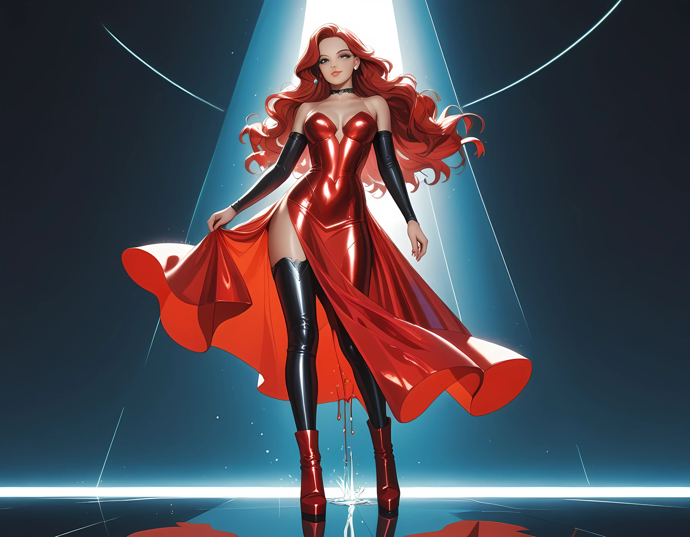 there is a beautiful mech model wearing intricate liquid metal dress, in a cyberpunk fashion catwalk, ultra detailed face, full body shot, long hair, wavy hair, dynamic eye color, wearing red liquid metal dress, wearing high heel boots, fantasy art, 16K, (dynamic angle: 1.2), full body, silhouette, cyberpunk fashion show background, Ultra-Wide Angle, retina, UHD, best quality, 16k, highres, high details, NRART, Glowing Runes, metallic