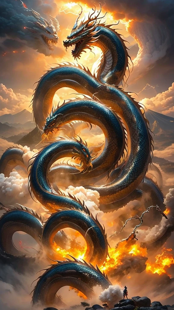  Chinese Dragon 、 battle over Mount Fuji in Japan、Dragon God、 Long Like a Snake、Fire Dragon and Water Dragon 、Tang Long 、lightning、tornado、Fantastic and apocalyptic 、 fantasy art 、Impressive picture 、 Dynamic Composition 、 vivid effects、 realistic pictures