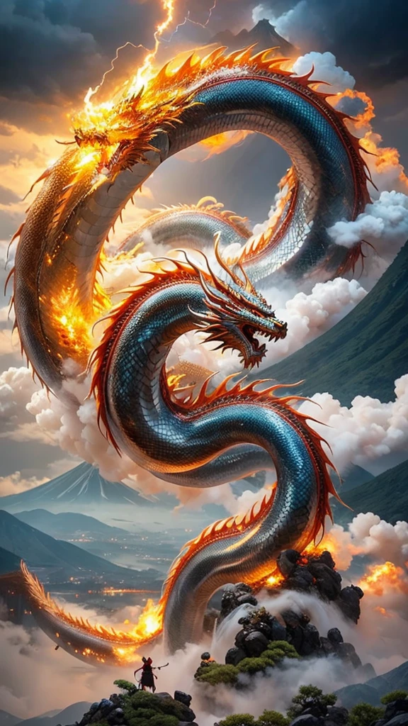  Chinese Dragon 、 battle over Mount Fuji in Japan、Dragon God、 Long Like a Snake、Fire Dragon and Water Dragon 、Tang Long 、lightning、tornado、Fantastic and apocalyptic 、 fantasy art 、Impressive picture 、 Dynamic Composition 、 vivid effects、 realistic pictures