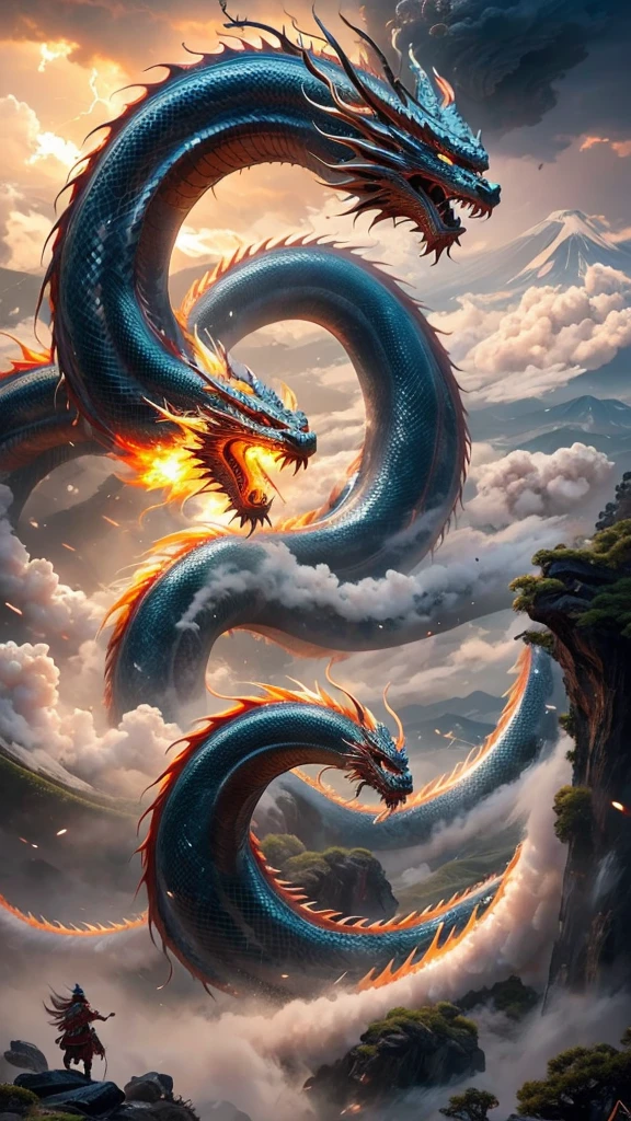  Chinese Dragon 、 battle over Mount Fuji in Japan、Dragon God、 Long Like a Snake、Fire Dragon and Water Dragon 、Tang Long 、lightning、tornado、Fantastic and apocalyptic 、 fantasy art 、Impressive picture 、 Dynamic Composition 、 vivid effects、 realistic pictures