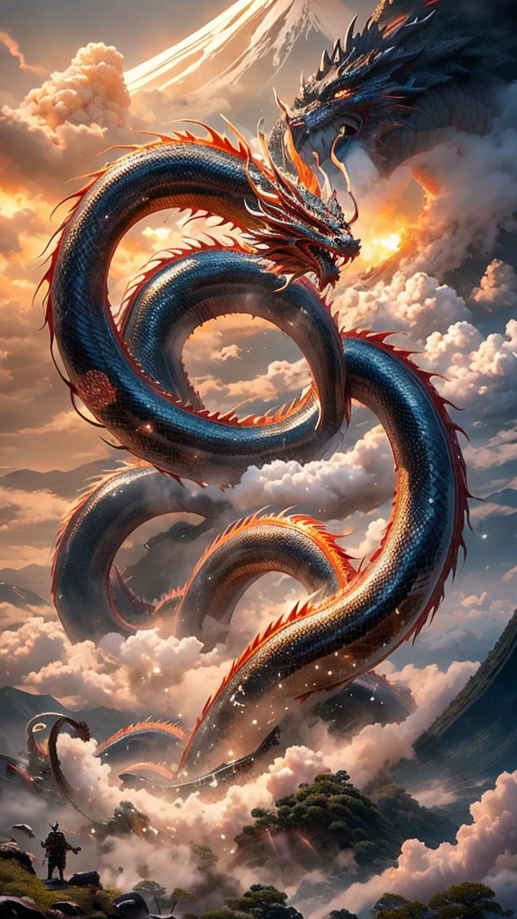  Chinese Dragon 、 battle over Mount Fuji in Japan、Dragon God、 Long Like a Snake、Fire Dragon and Water Dragon 、Tang Long 、lightning、tornado、Fantastic and apocalyptic 、 fantasy art 、Impressive picture 、 Dynamic Composition 、 vivid effects、 realistic pictures