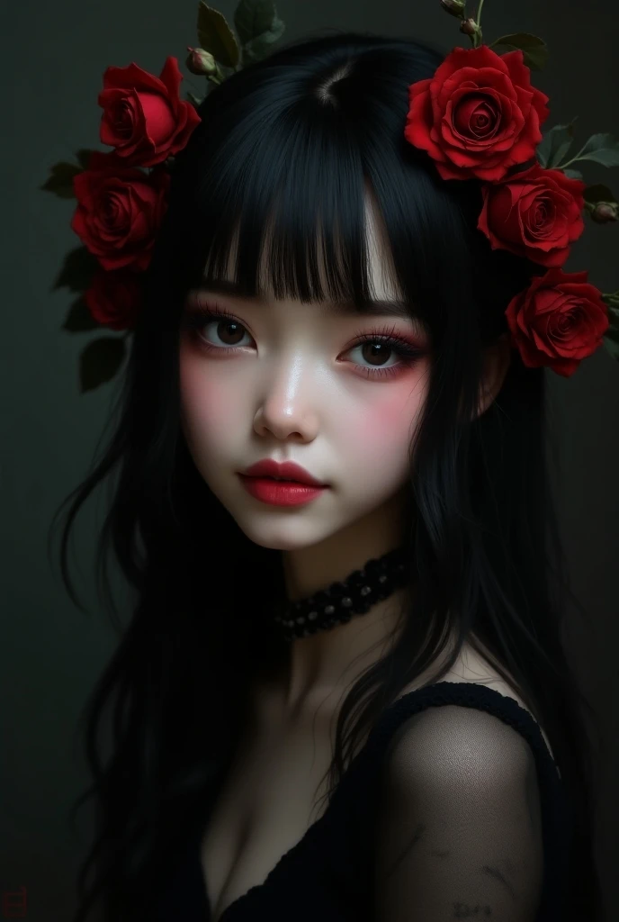 in style of Harry Clarke, (rose-headed japanese woman:1.6),(rose face:1.2),(rose head:1.3),drawing by Conrad Roset close up,(darkness:1.2),(very detailed shadows:1.2),absolute shadows,absolute darkness,
