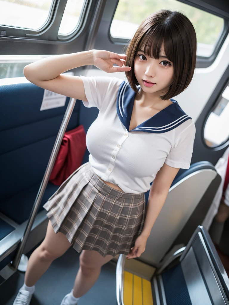 top-quality,ultra-detailliert,​masterpiece,realisitic,1 girl,extremely pretty girl,(kawaii:1.2),Look at viewers,a sailor suit,school swimsuit:1.2,(medium breasts:1.8),sagging breasts,short hair,(urination:1.2),(full face blush:1.5),awaiting tongue,(nsfw),squatting open legs,(grabbing own breasts:1.8),inside the train,