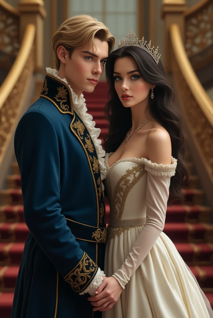 Un beau jeune homme aux cheveux courts et noir assis sur son trône avec sa femme aux cheveux châtains et long assise sur ses genoux