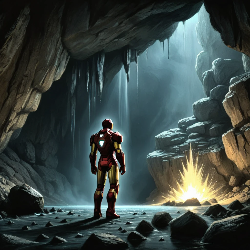 masterpiece, 1 character, Alone, iron man,  standing in front of the spectator, throw, damaged armor, in the background a cave, very dark cave, chiaroscuro, High quality, DETAILED 