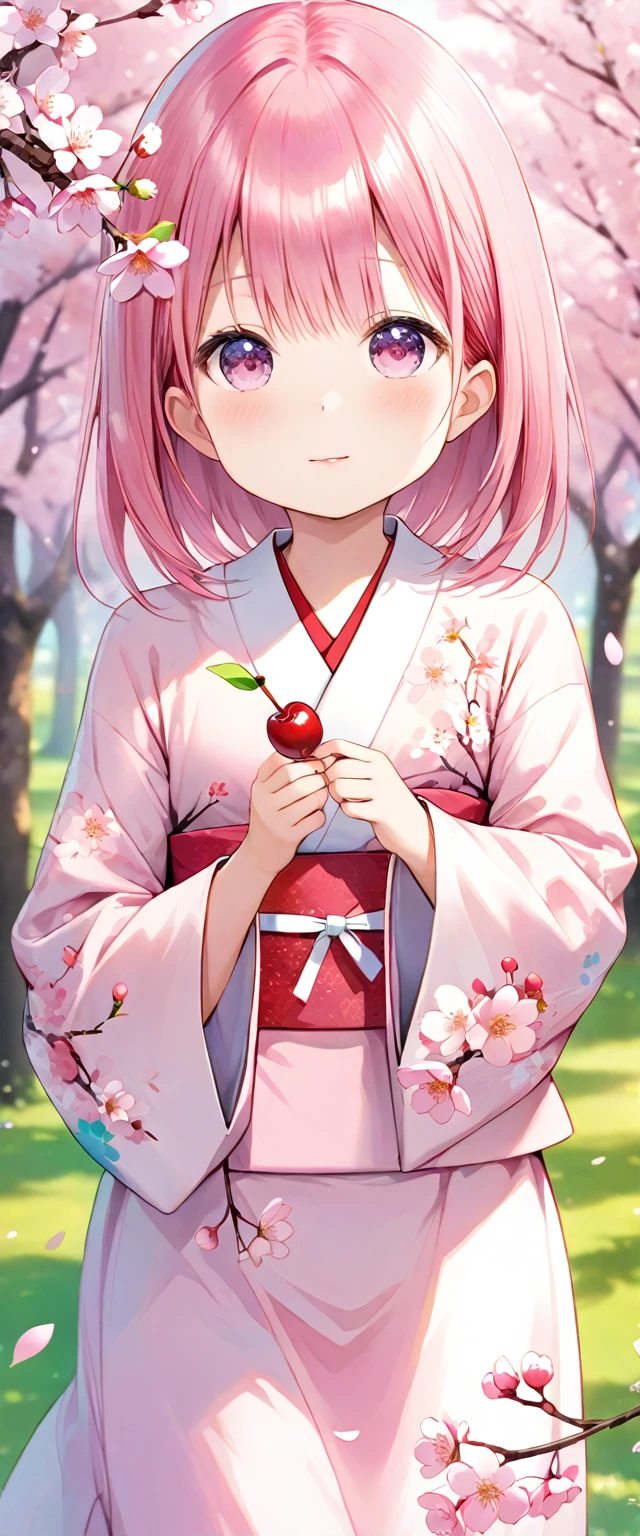 Pink Straight Hair，Pale pink kimono with cherry branches ，Holding a cherry branch in your hand，background, A beautiful row of cherry blossom trees in full bloom ， She is a kind person , cute, slim, A ite and sweet girl, colorful and lively movements 