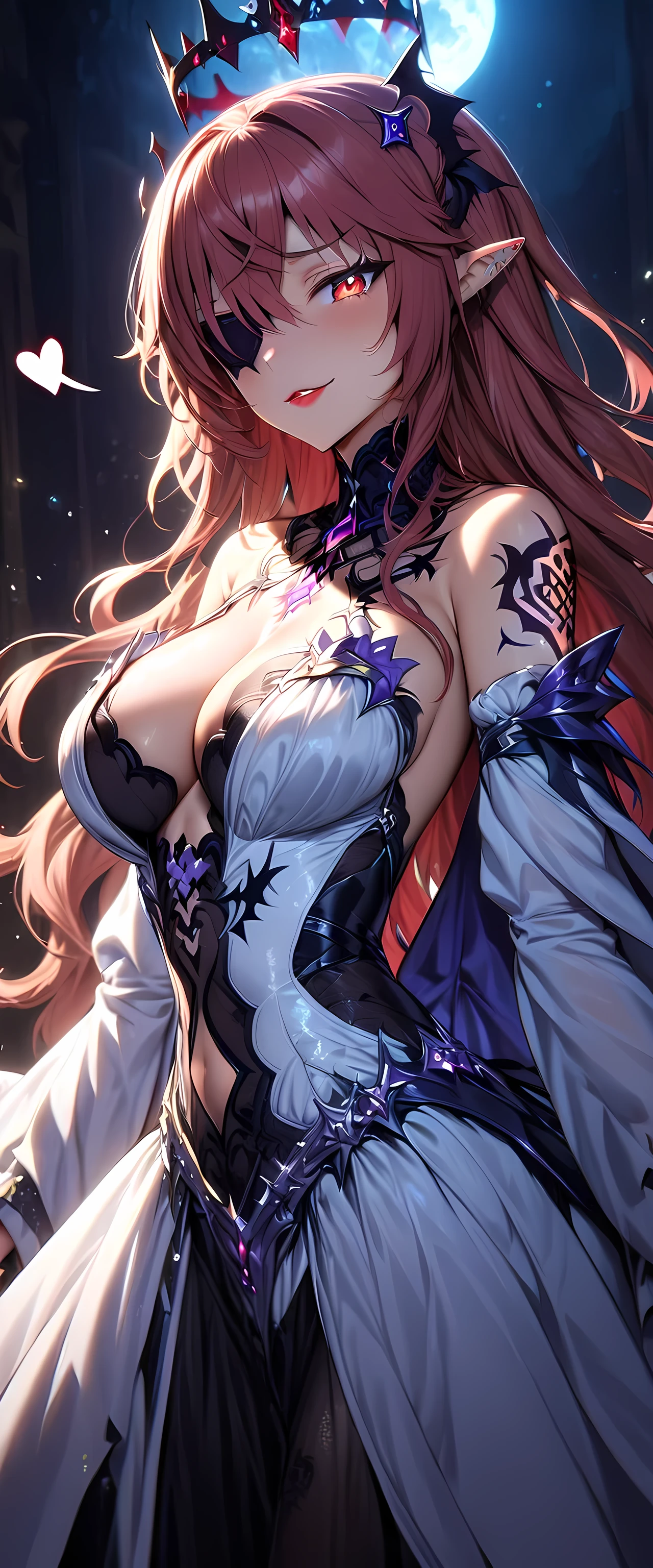 (masterpiece), best quality, expressive eyes, perfect face,1girl,fischl,big breasts,cleavage,((center opening)),(plunging neckline),long hair,wavy hair,pointy ears,eyepatch,glowing pupils,vampire queen,wings,wings on back,raven wings,(queen gown:1.6),bare shoulders,detached sleeves,chains,(long showgirl skirt:1.2),dark red lips,garterbelt,highhigh heels,full moon,(dark red halo),sadistic smile,floating towards the viewer,cowboy shot,dynamic angle,studio lighting,(sparkle:0.9),(glitter:0.9),tattoos,body tattoo,spoken heart