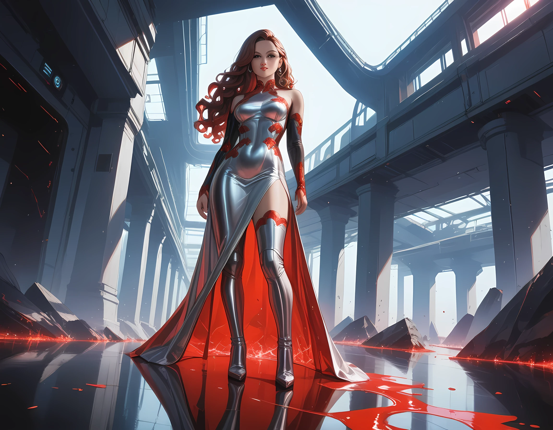 there is a beautiful mech model wearing intricate liquid metal dress, in a cyberpunk fashion catwalk, ultra detailed face, full body shot, long hair, wavy hair, dynamic eye color, wearing red liquid metal dress, wearing high heel boots, fantasy art, 16K, (dynamic angle: 1.2), full body, silhouette, cyberpunk fashion show background, Ultra-Wide Angle, retina, UHD, best quality, 16k, highres, high details, NRART, Glowing Runes, metallic