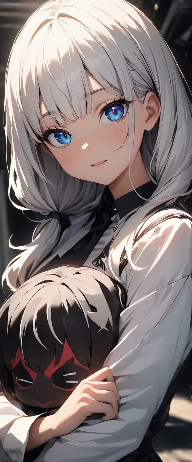 Dream girl white hair black dress gray eyes,lying on the bed looking at me,bust,from_side,stare,eye-contact,looking_at_viewer,wife,seductive_smile,blush,on_side,shirt_pull,
