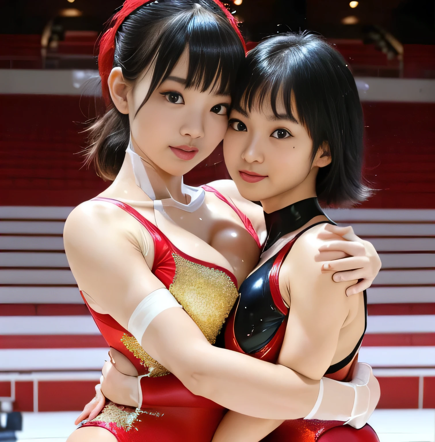 Best Quality，masterpiece， super high definition,  very detailed , 8k, Beautiful  Japanese girl:1.5, Small face,  Black Hair Short Hair, blunt bangs, Breast Augmentation Surgery, (glittering red rhythmic gymnastics leotard:1.4), (Very big boobs:1.3), ( hug a small  :1.5), (Intimate relationship between mother and :1.5), (Breastfeeding:1.4), (Competition Venues:1.4)