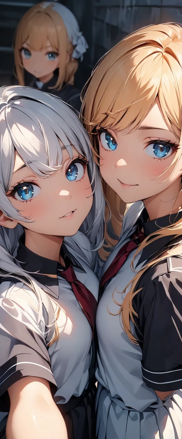 (masterpiece, highest quality:1.2),Two girls licking the viewer's dick,Are crying, Completely naked、Angry、Are crying、Embarrassed、Big Breasts、Pussy、pee、Breast milk、Being chubby、Gold micro bikini digging into her crotch exposing her nipples.Angle from the ground、Silver Hair、Everyone can see me masturbating、My hips are shaking with ecstasy、Blue tie、Make a heart shape with your hands and encircle your nipples
