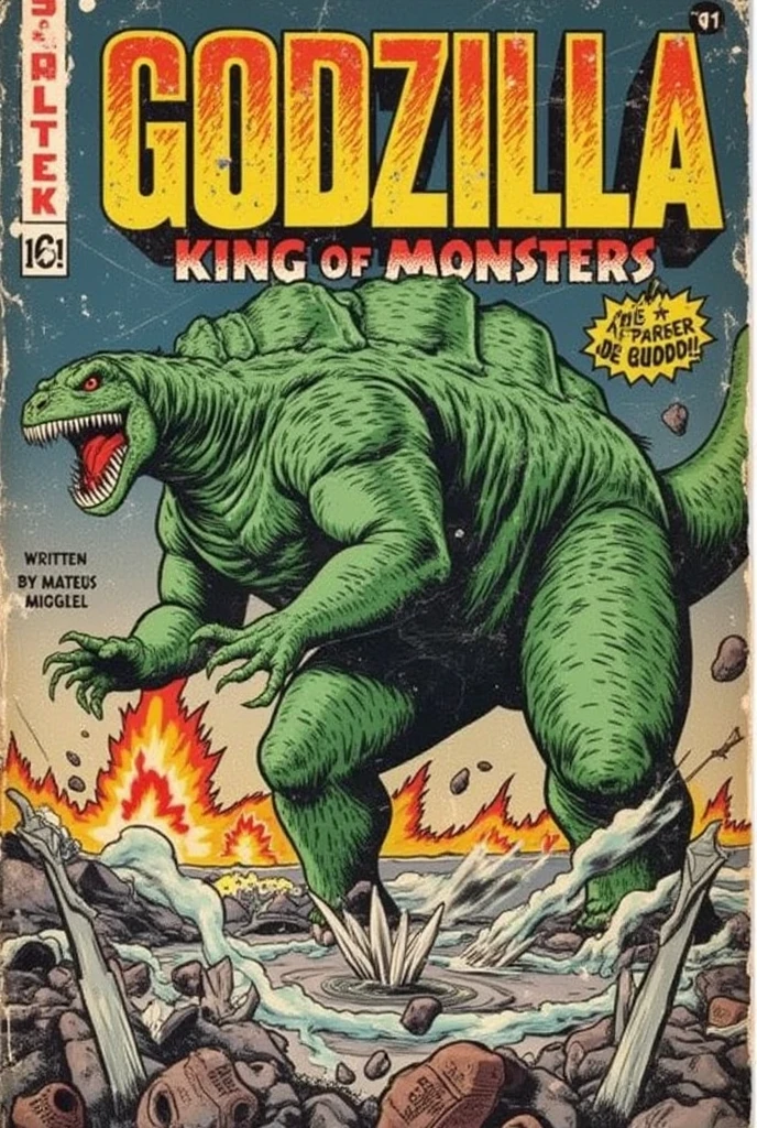 a vintage comic book cover from the 1940s/1950s era featuring Godzilla as the central character. Godzilla should have exaggerated, menacing expressions, drawn with thick, bold lines, and detailed hatching for shadows, emphasizing the creature's massive size and power. The cover should have a worn, aged texture, evoking a retro, battle-worn look, with a muted color palette of greens, grays, and fiery oranges to represent destruction. The background should showcase a city in ruins, with dynamic action poses of Godzilla wreaking havoc. Add vintage comic book elements like a bold title at the top ('Godzilla: King of Monsters'), a dramatic subtitle ('The City Crumbles!'), and 'Written by Mateus Miguel' as the author's name near the bottom. Include the issue number (#1), a small price (e.g., '15¢'), and a classic publisher's logo in the corners. Keep the layout clean and balanced, focusing on Godzilla's destructive power while maintaining the vintage comic book style