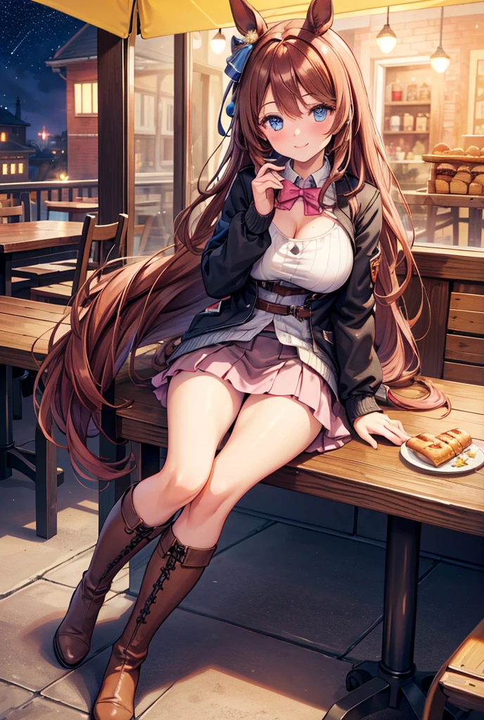  1 girl, solo,  High Resolution , Long Hair, ((Large Breasts)), smile, Teenage girl, Reddish brown hair, Blue eyes,  High Resolution , masterpiece, accurate,  anatomically correct,  Multiple Award Winners , 最high quality,  detail, 高い detail,  high definition models, high quality, Retina,  very detailed ,  textured skin,  ultra-fine, Horse ears, autumn, tail,  Italian fancy cafe,  beige miniskirt,  black knitted jacket , Bare legs, Sit on a chair,  with coffee,  food is on the desk  , Outside the store , Terrace seats, night, Starry Sky, whole body,  long boots for stepping on bread, Panty shot, Pink underwear, 