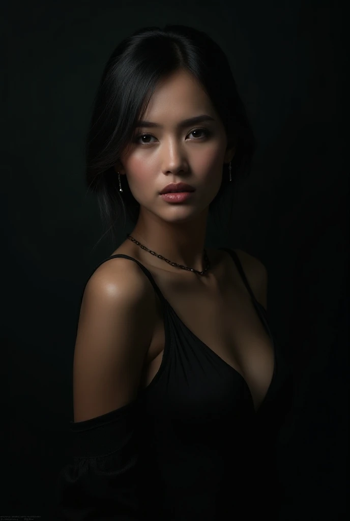 dark shot, film grain, A close up of a woman in a beautiful black dress and a black background, ultra clear, high quality