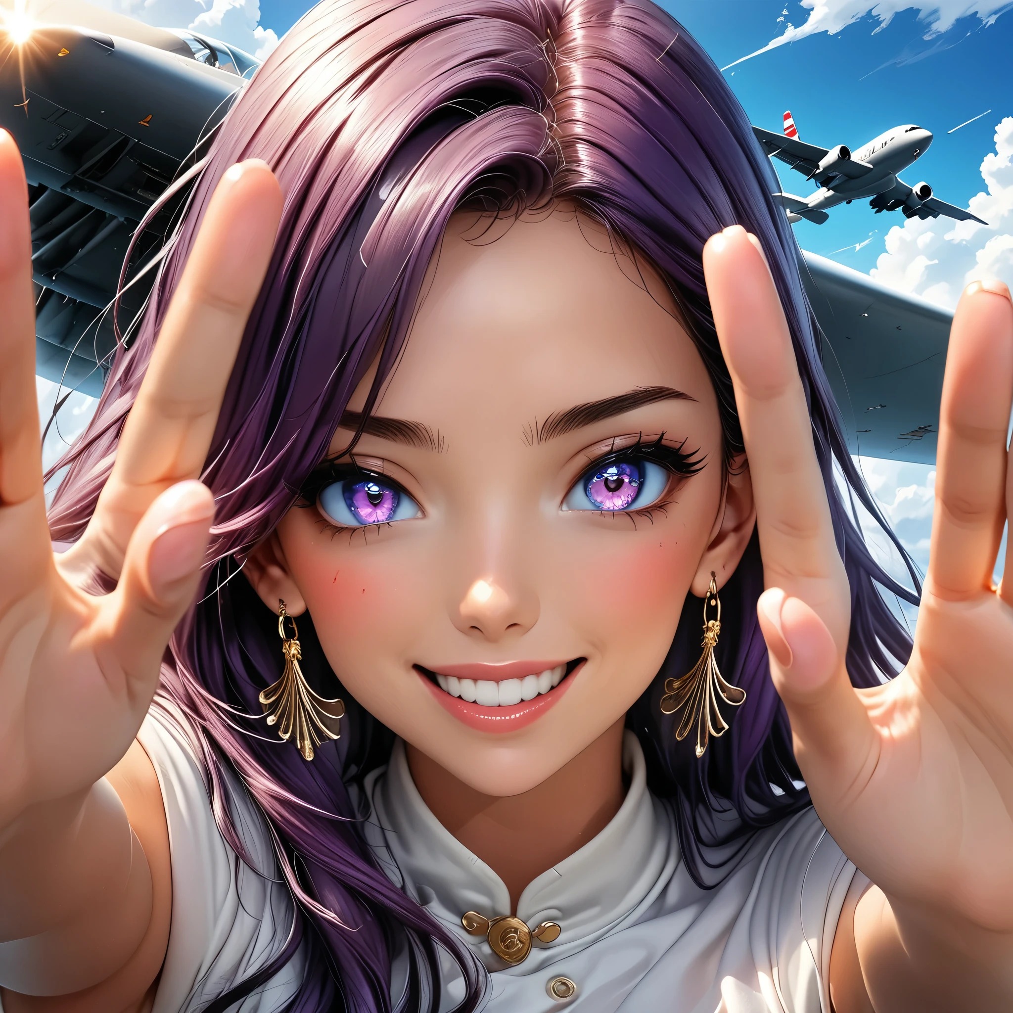 Masterpiece, 4K, HDR, full HD, (best quality), (ultra detailed), (only), intricate ANIME TYPE, best quality, 1girl, deep purple hair , hyper beautiful face, purple hair, perfect anatomy, shiny skin, full body, alone (shiny purple hair, long hair), looking at viewer, perfect hands, perfect legs, super detailed clothes, intricate clothes, hyper detailed cloths, super detailed face, super detailed skin, super detailed quality, expressive eyes, blue eyes, super detailed eyes, JK, epngekatsuragimisato , SDXL Illustration Design Beautiful Girl Two-dimensional Pretty Girl Digital Painting Comic Ukiyo-e Watercolor Manga Other, smile, blushing, dynamic pose, American plane, portrait quality,