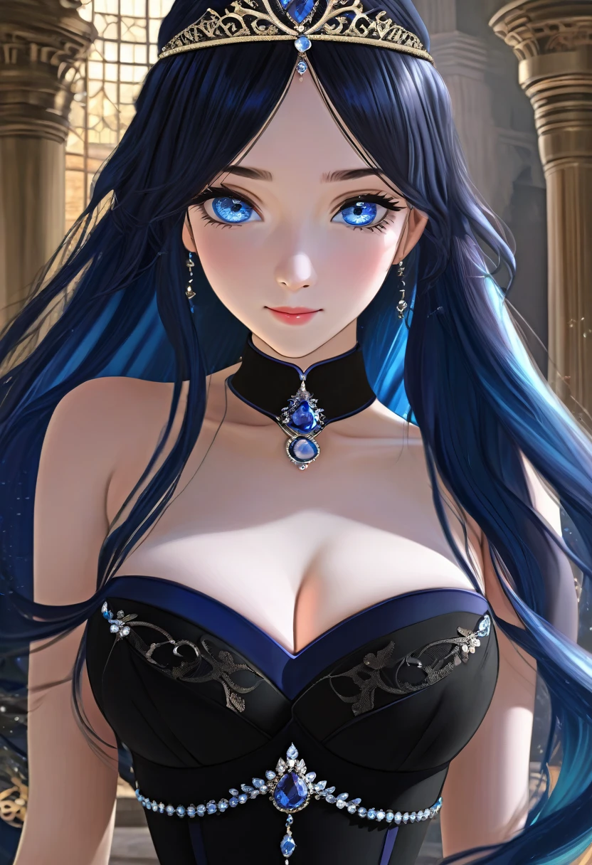 great quality ++ Extremely detailed high resolution, very aesthetic, expressive eyes, (((Perfect face))), (((symmetrical face))), (((Good anatomy)), (((perfect hands))), (((8k)))), UHD, HD Wallpaper, (((high detailed calidra, (((1girl)))), ((((full body)))), (((Noire)))), (((feNoire))), (((long hair))), (((blue hair))), (((blue eyes))), ((((Midnight black dress with bare shoulders that perfectly hugged her slender figure and then descended to a flowing floor-length skirt)))), (((The sweetheart neckline was adorned with sparkling sapphires in harmony with the jeweled tiara))), (((Majestic ballroom Eveninajestic Castle))), (((huge breasts)))), (((Innocent smile))), ((((saluting)))),
