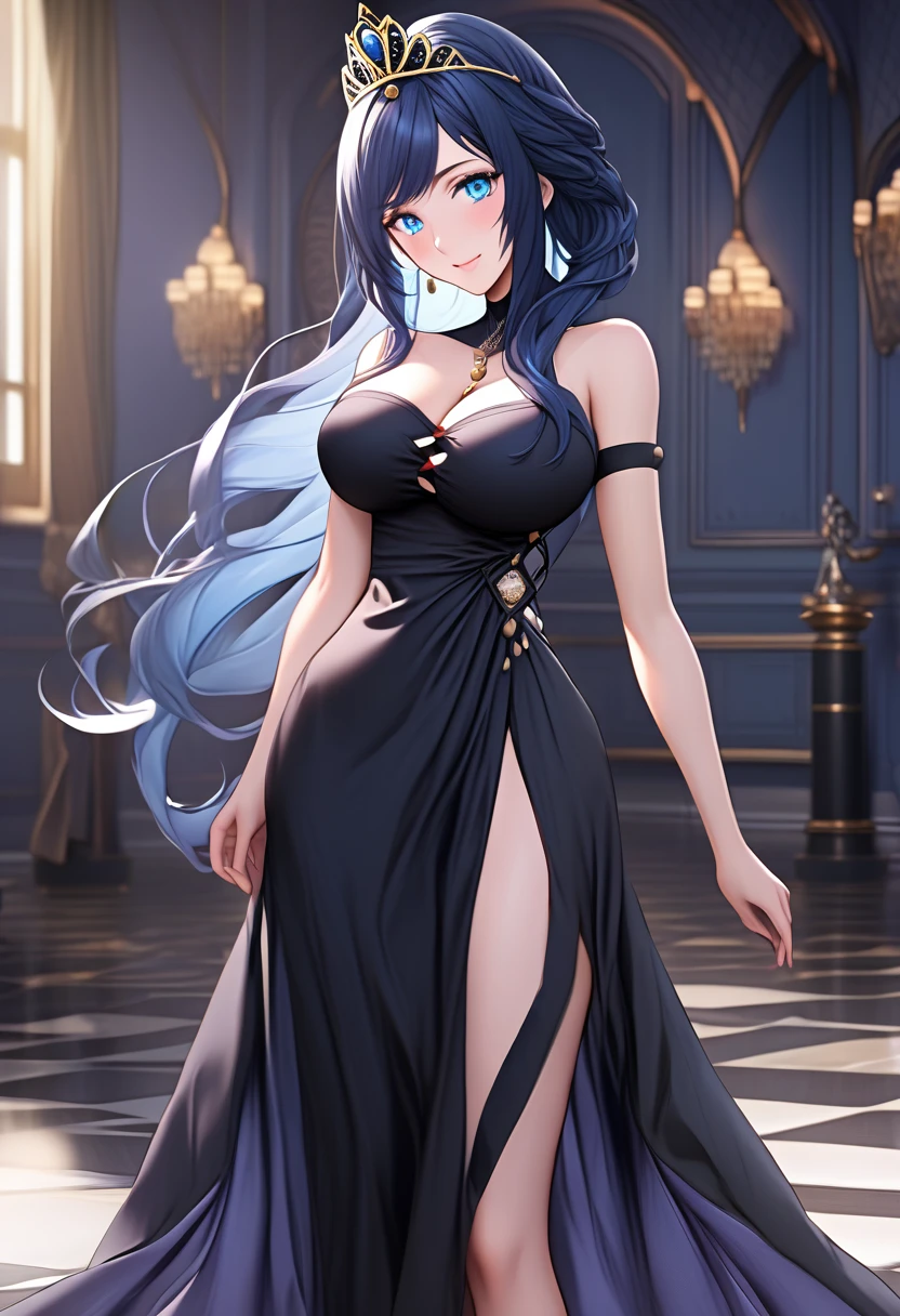 great quality ++ Extremely detailed high resolution, very aesthetic, expressive eyes, (((Perfect face))), (((symmetrical face))), (((Good anatomy)), (((perfect hands))), (((8k)))), UHD, HD Wallpaper, (((high detailed calidra, (((1girl)))), ((((full body)))), (((Noire)))), (((feNoire))), (((long hair))), (((blue hair))), (((blue eyes))), ((((Midnight black dress with bare shoulders that perfectly hugged her slender figure and then descended to a flowing floor-length skirt)))), (((The sweetheart neckline was adorned with sparkling sapphires in harmony with the jeweled tiara))), (((Majestic ballroom Eveninajestic Castle))), (((huge breasts)))), (((Innocent smile))), ((((saluting)))),
