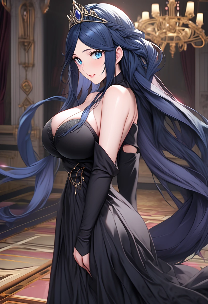 great quality ++ Extremely detailed high resolution, very aesthetic, expressive eyes, (((Perfect face))), (((symmetrical face))), (((Good anatomy)), (((perfect hands))), (((8k)))), UHD, HD Wallpaper, (((high detailed calidra, (((1girl)))), ((((full body)))), (((Noire)))), (((feNoire))), (((long hair))), (((blue hair))), (((blue eyes))), ((((Midnight black dress with bare shoulders that perfectly hugged her slender figure and then descended to a flowing floor-length skirt)))), (((The sweetheart neckline was adorned with sparkling sapphires in harmony with the jeweled tiara))), (((Majestic ballroom Eveninajestic Castle))), (((huge breasts)))), (((Innocent smile))), ((((saluting)))),
