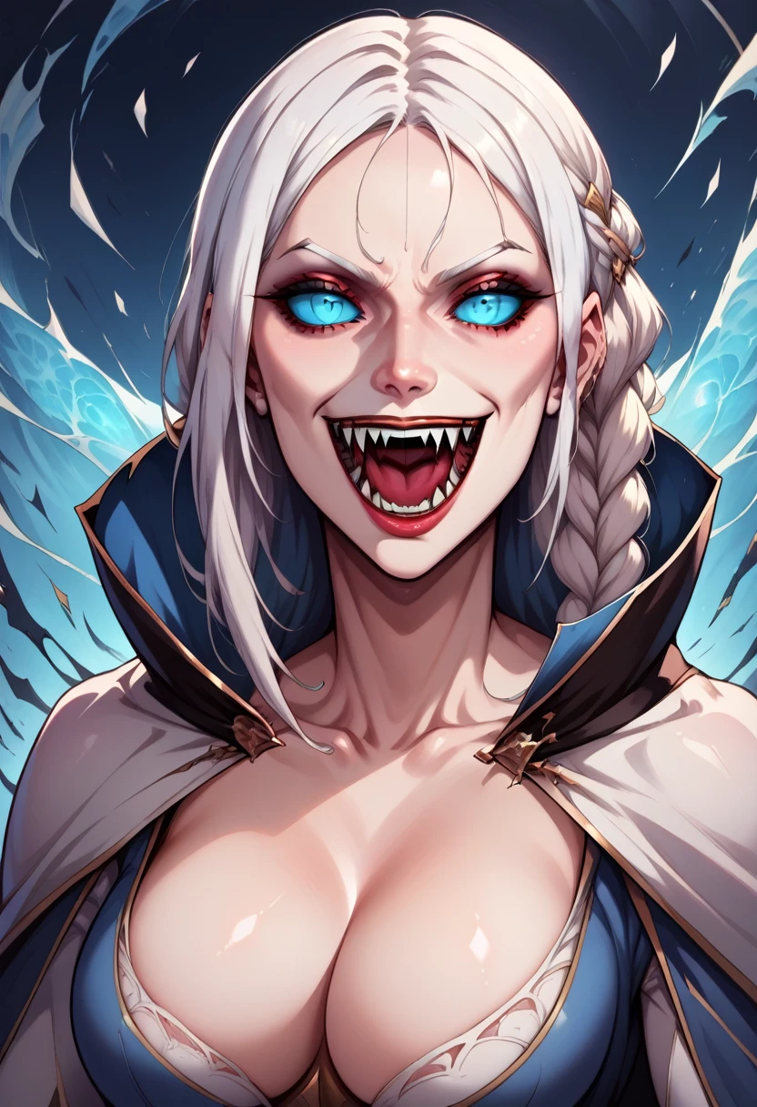 Carmilla, castlevania_(netflix),1girl, breasts, cleavage, solo,white hair, braid, fangs, vampire, smile, cape, medium_breasts, cleavage, blue sclera, no pupil, colored sclera, , detailed mouth, mesmerizing mouth, high definition mouth, focus on face, best quality, detailed, absurd resolution, absurd detail, intricate details, vibrant colors, ultra-realistic, open mouth,