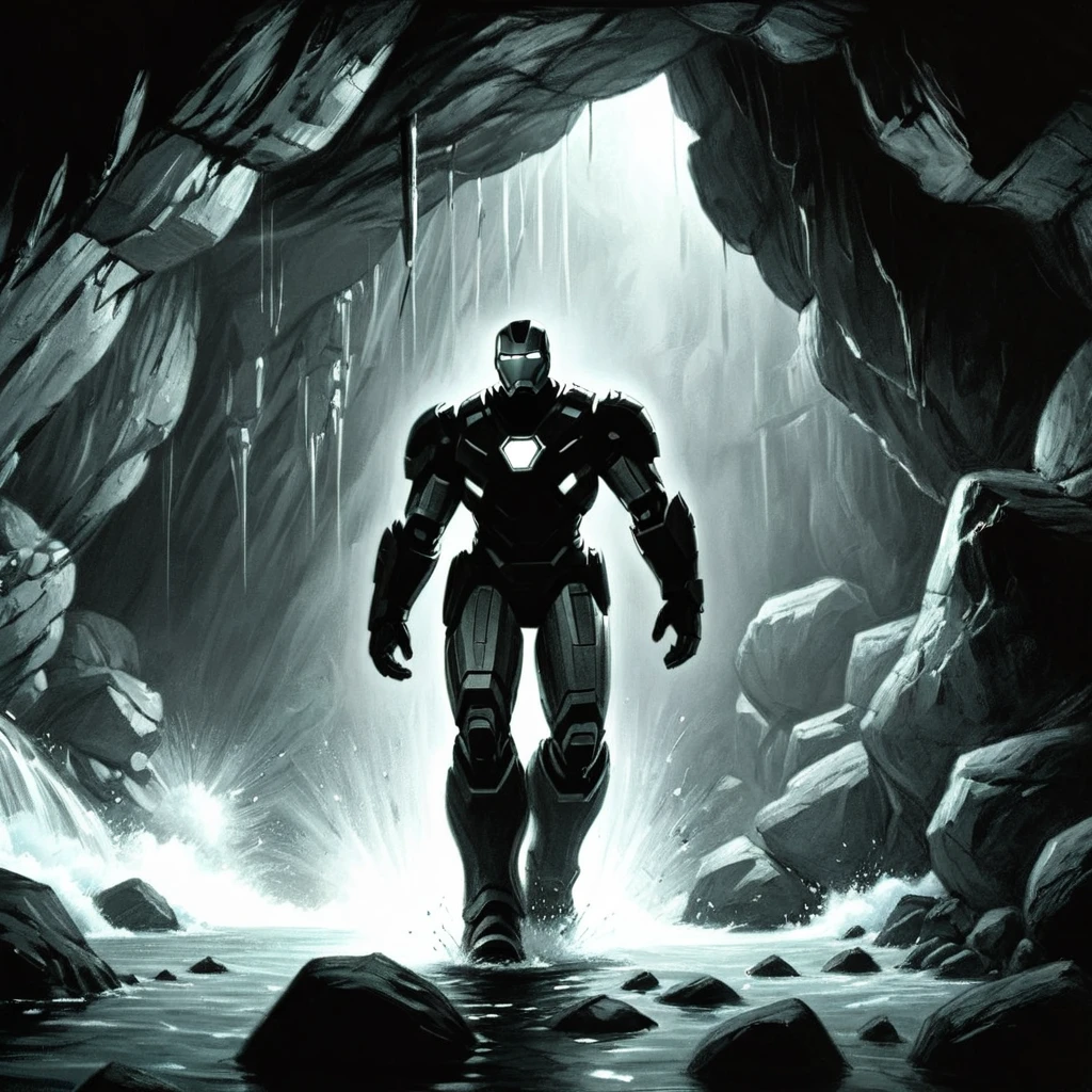 masterpiece, 1 character, Alone, iron man, stopped, throw, in the background a cave, very dark cave, chiaroscuro, High quality, DETAILED 