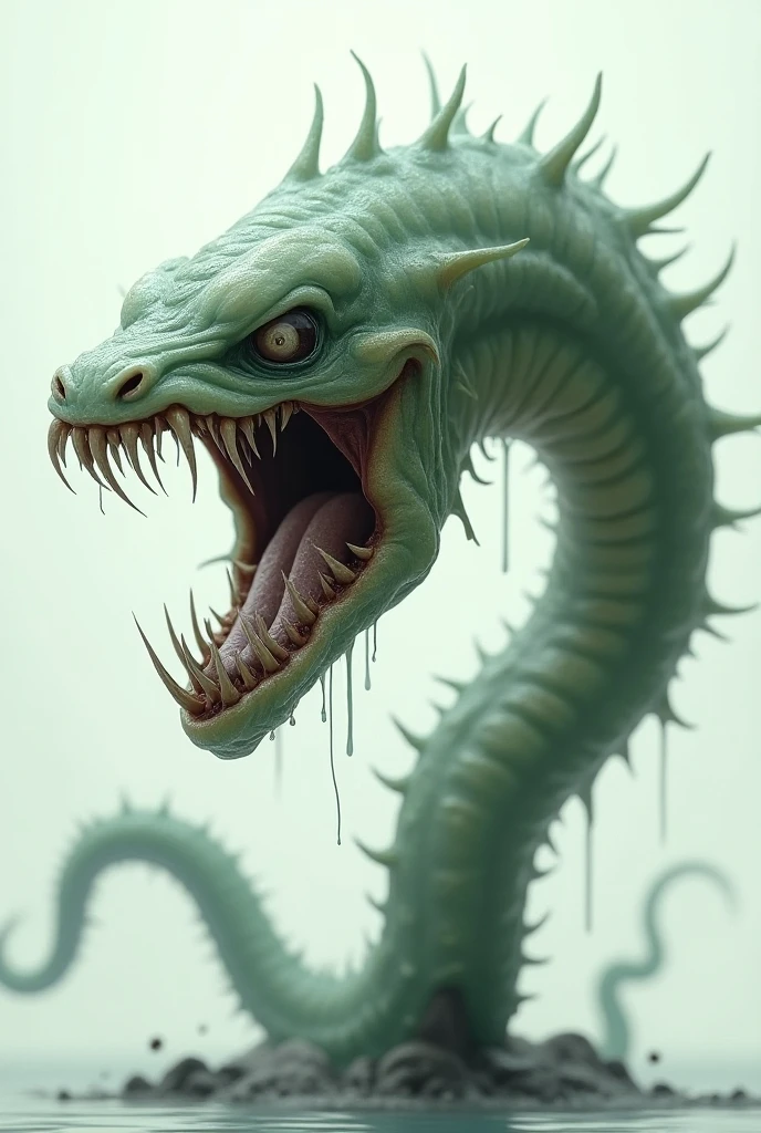 Humanoid snake with arms, Her tail coils around a rock altar, macabre smile, dark swampy environment