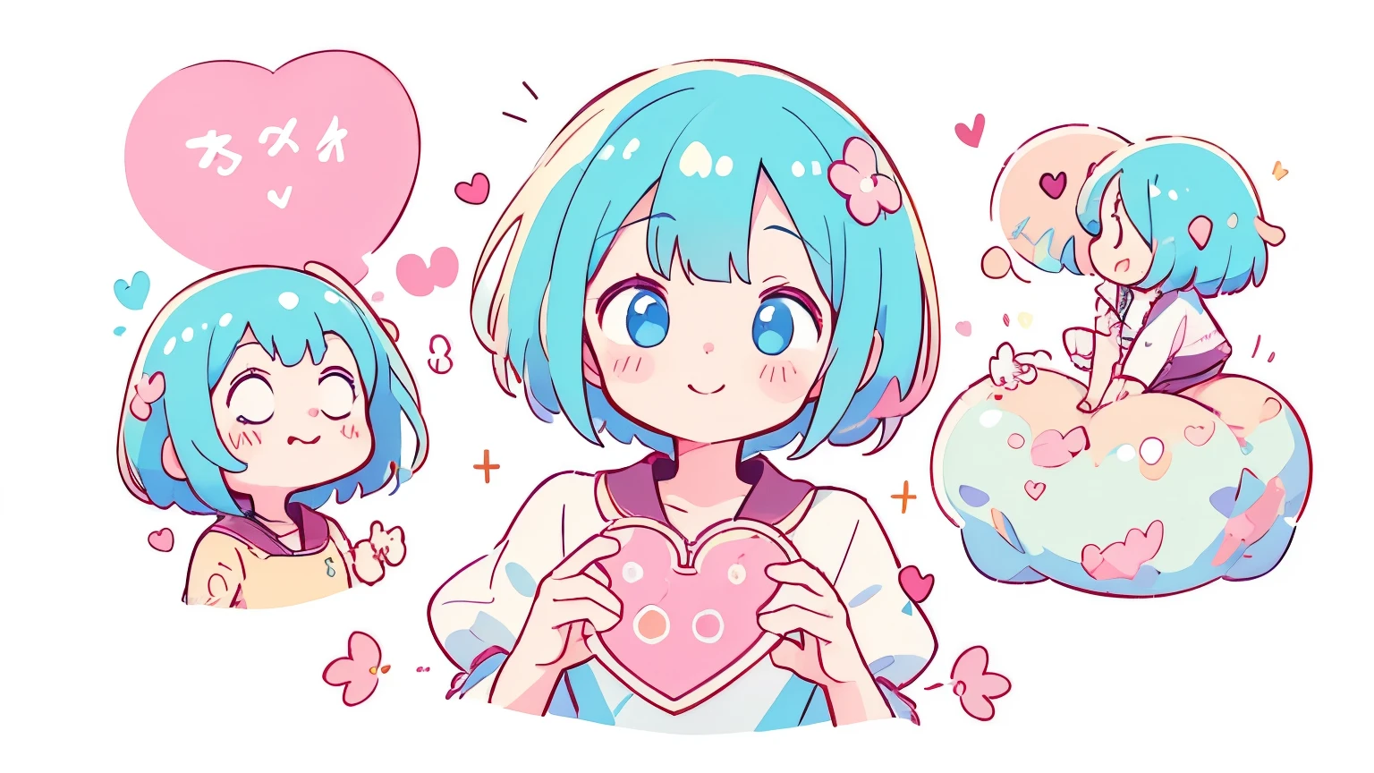 Vibrant Art,pop、heart、heartのロゴ、人生heartモード、bright、colorful, 1 female, short hair、happy,cute, animation style , cute, pop, cute