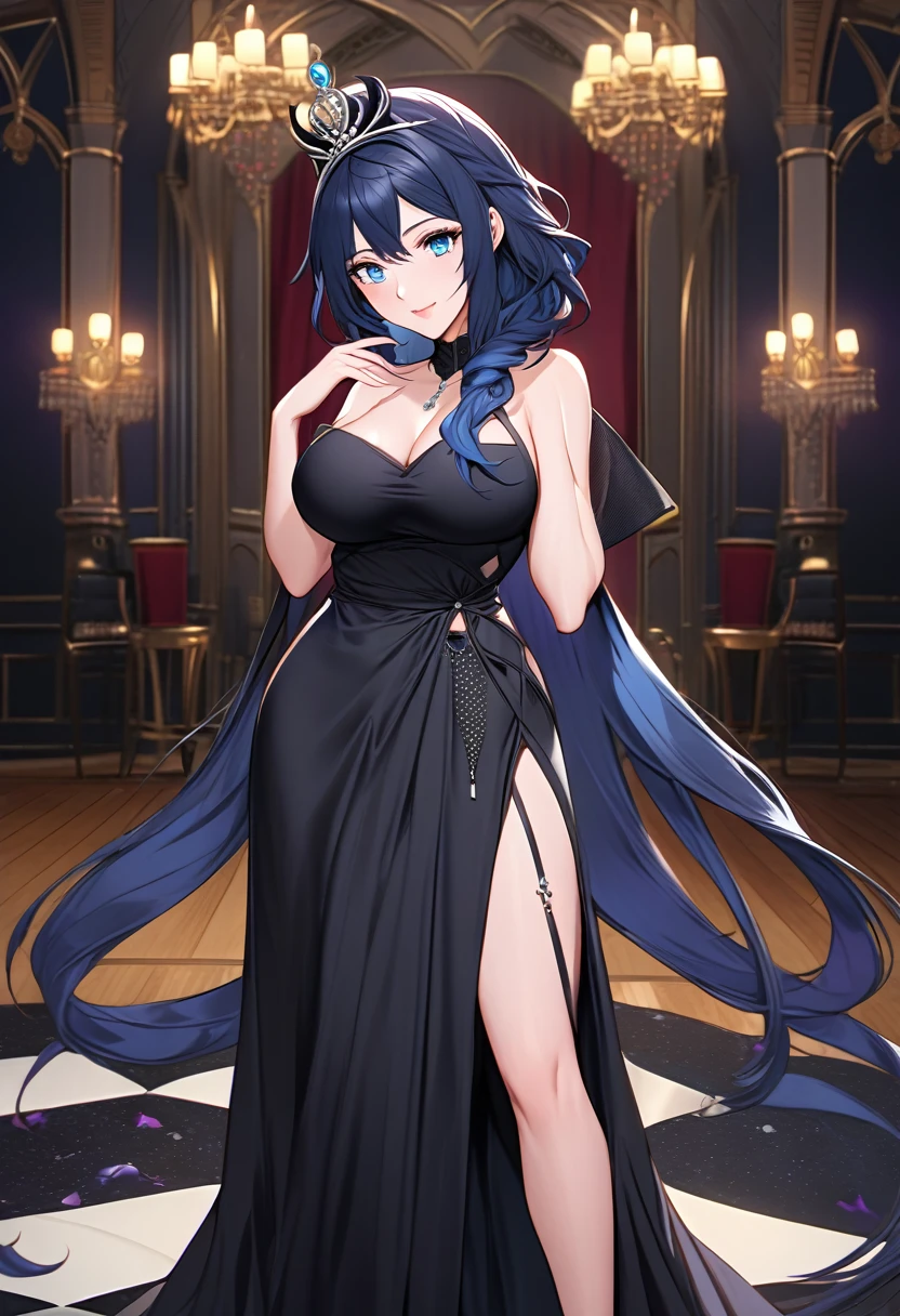 great quality ++ Extremely detailed high resolution, very aesthetic, expressive eyes, (((Perfect face))), (((symmetrical face))), (((Good anatomy)), (((perfect hands))), (((8k)))), UHD, HD Wallpaper, (((high detailed calidra, (((1girl)))), ((((full body)))), (((Noire)))), (((feNoire))), (((long hair))), (((blue hair))), (((blue eyes))), ((((Midnight black dress with bare shoulders that perfectly hugged her slender figure and then descended to a flowing floor-length skirt)))), (((The sweetheart neckline was adorned with sparkling sapphires in harmony with the jeweled tiara))), (((Majestic ballroom Eveninajestic Castle))), (((huge breasts)))), (((Innocent smile))), ((((saluting)))),
