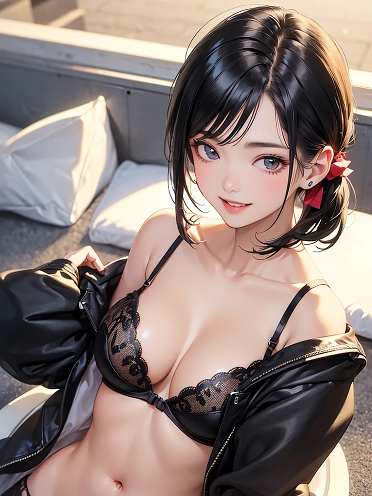 ((Game CG))、Young woman、smile、(広い額が見える、 sexy pose)、(( very short hair with white bandage、 Black Hair 、very, very big breasts))、((masterpiece、 High Resolution 、16k))、(( sexy bra 、 gracefully embroidered bra showing a wide forehead))、(very近い:1.5)、( FOCUS ON YOUR BODY :1.5)、((smile))