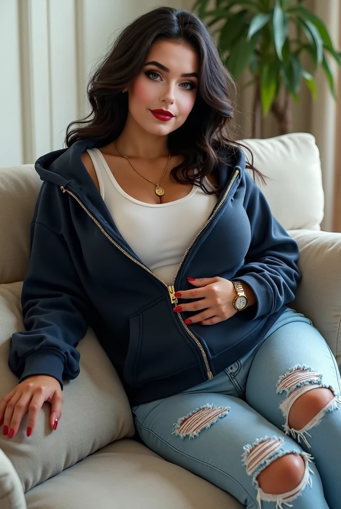 Hyperrealism, Full body, Iranian, Super Fine Face, girl, nice boobs, nice lips, pretty face, 30 years old, pretty eyes laughing, hot, brown hair, fit, blue jeans, red hoodie. dark eyes, white skin, luxury.