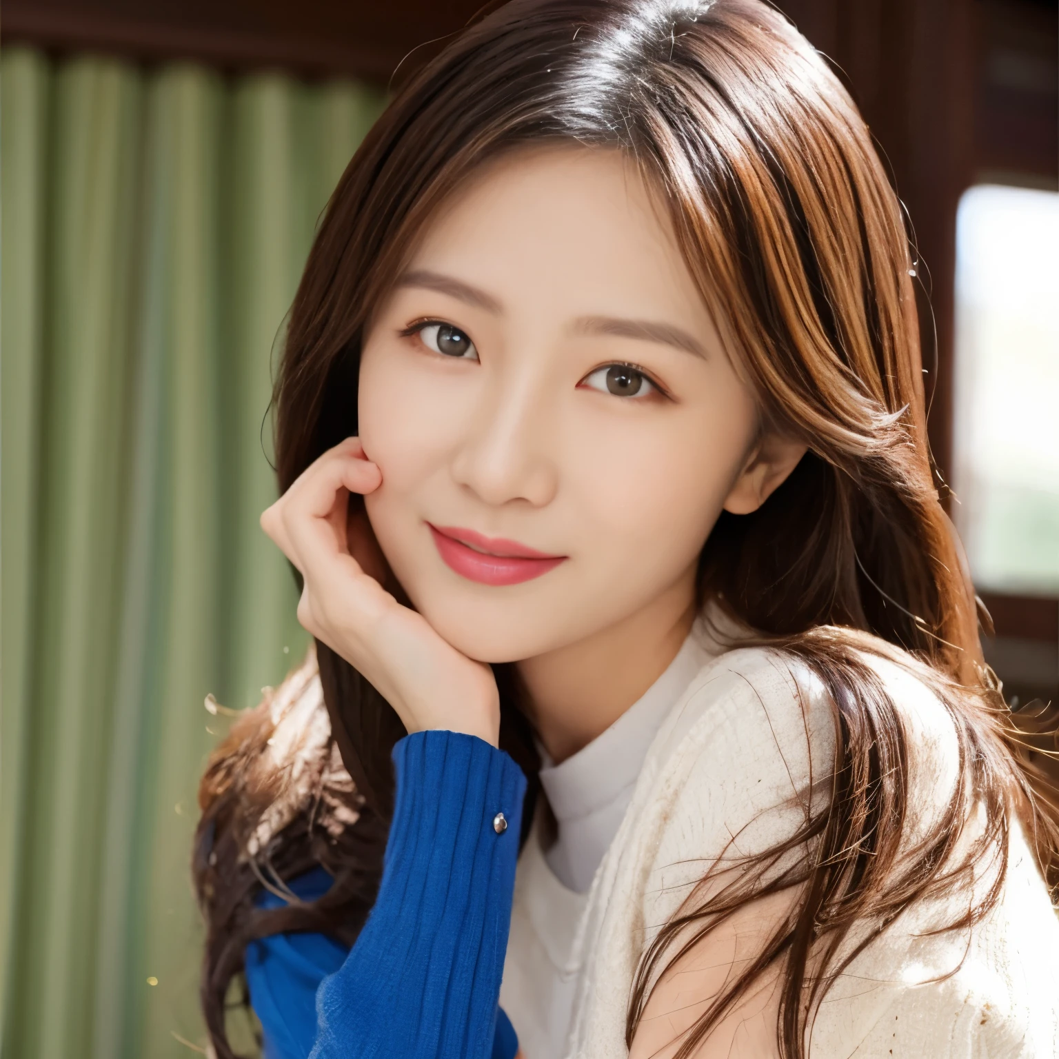 [Korean language,realistic, masterpiece, final details, photorealistic, intricate details , octane rendering , 【8k, 1 Girl , Perfect face shape all over, Beautiful Face , new world foundation, slot reference, detail hair,, black Bow down, black Gloves, Black Leg, blue eyes, blue hair, Bow down, clavicle, skirt, Drill hair , [Wrinkles, [Wrinkles, Gloves, Ge Wen, headskirt, high resolution , long hair, lips open, Puff sleeves, purple eyes , Smile, alone, white skirt, oily skin,