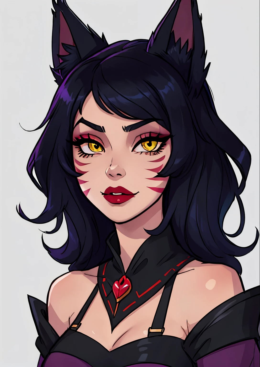 malsterpiece, best quality, 1female, beautiful, face portrait, deep makeup, lipstick, 1girl, face focus, goth, Ahri, fox ears, whisker markings, yellow eyes