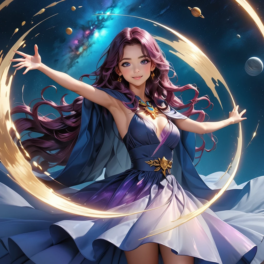 (8k, Foto RAW, melhor qualidade, senhor:1.2), (Realistic, photo-Realistic:1.37) Imagine a young magical sorceress, a Dark Magician Girl de Yu-Gi-Oh!, about to cast a powerful spell. Um vestido curto em tons de azul escuro com detalhes dourados, magical stars adorning your outfit. A flowing cape with star-shaped embellishments. Ela usa meias que combinam com seu traje. Visualize seu cabelo longo e fluido. The color is a vibrant purple, talvez com nuances de rosa ou azul. Look for ribbons or magical decorations in your hair.. Imagine a pointy hat she wears, Decorated with magical symbols. Talvez uma estrela brilhante no topo, adicionando um toque de magia.  See her holding a magic wand in her hand. The stick emits a mystical aura, indicando seu poder como feiticeira.