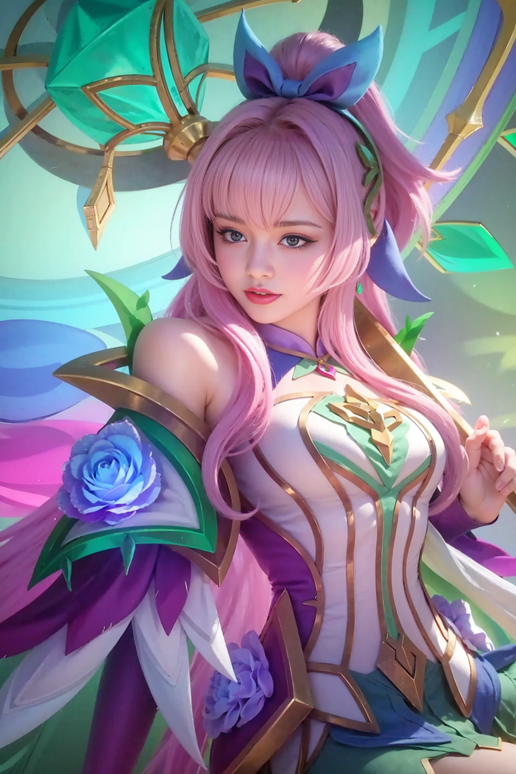Woman with pink long hair, woman with beautiful face, woman with beautiful blue round eyes, woman with blue feather wing on her right hand, beautiful woman with pink lipstick, morning background, woman with beautiful pink flower on her blonde short hair, woman using pink skirt, woman with gold Root accessories on her body, woman on green leaf background, woman with golden accessories on her head, woman using blue dress and pink white gradient color, pink flower on her Purplehair, pink dress, i SAID pink DRESSSSS